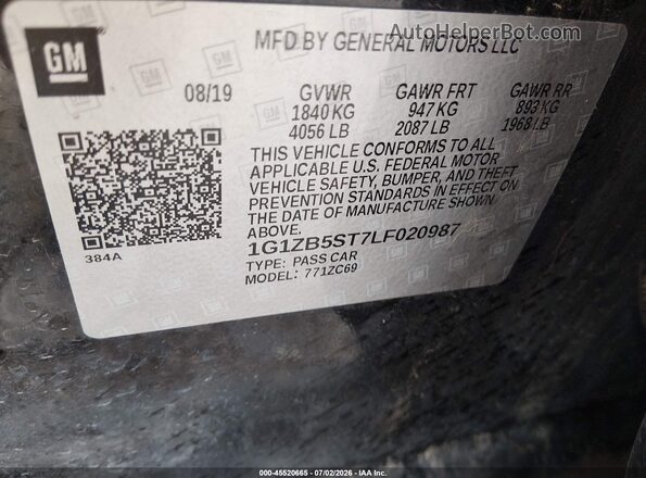 1G1ZB5ST7LF020987 2020 CHEVROLET MALIBU Black Вид підкапотного простору