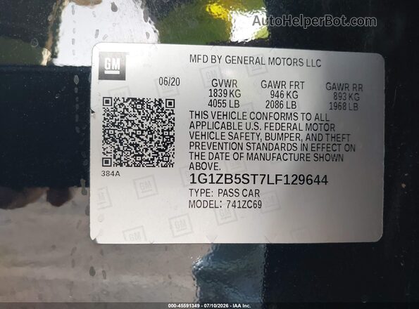 1G1ZB5ST7LF129644 2020 CHEVROLET MALIBU Black Вид підкапотного простору