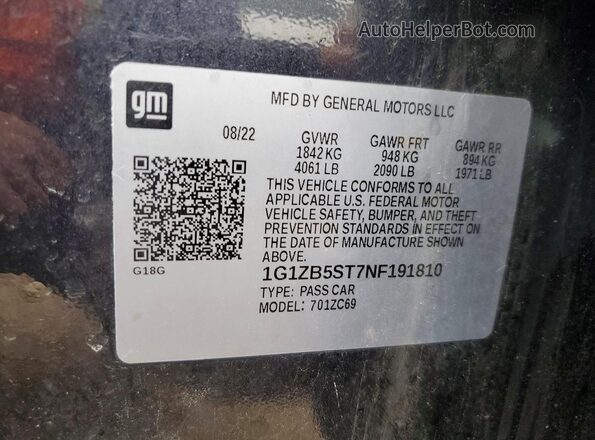 1G1ZB5ST7NF191810 2022 CHEVROLET MALIBU Charcoal Вид наклейки з VIN-кодом