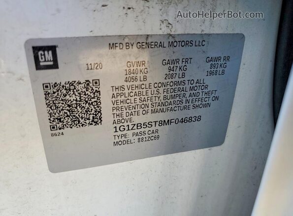 1G1ZB5ST8MF046838 2021 CHEVROLET MALIBU White Widok komory silnika