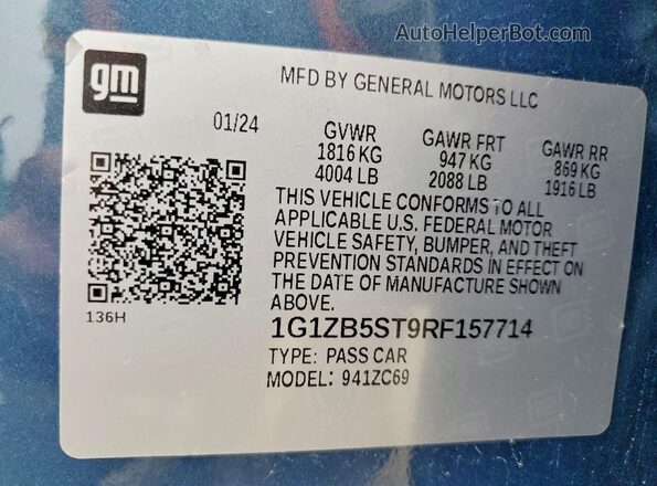 1G1ZB5ST9RF157714 2024 CHEVROLET MALIBU Blue Vista de la etiqueta del VIN