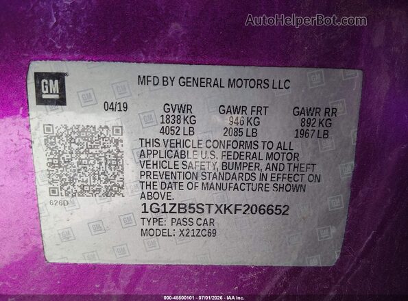 1G1ZB5STXKF206652 2019 CHEVROLET MALIBU Purple Widok komory silnika