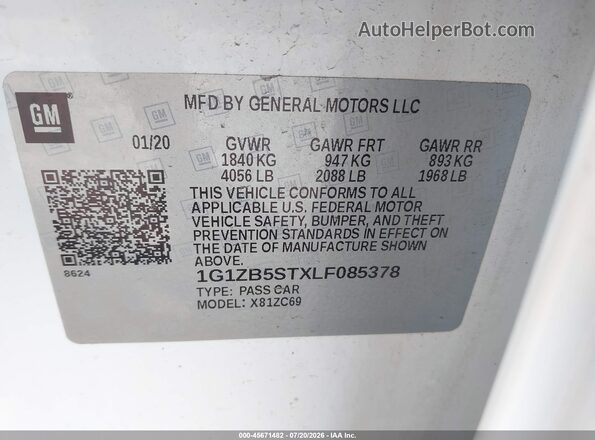 1G1ZB5STXLF085378 2020 CHEVROLET MALIBU Белый Вид подкапотного пространства