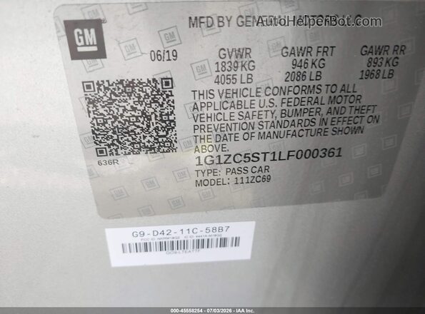 1G1ZC5ST1LF000361 2020 CHEVROLET MALIBU Silver Вид підкапотного простору
