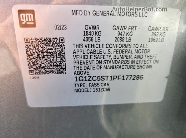 1G1ZC5ST1PF177286 2023 CHEVROLET MALIBU Silver Vista de la etiqueta del VIN