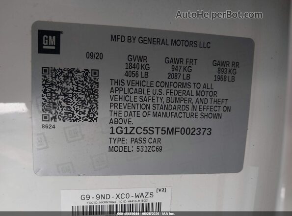 1G1ZC5ST5MF002373 2021 CHEVROLET MALIBU White Engine compartment view