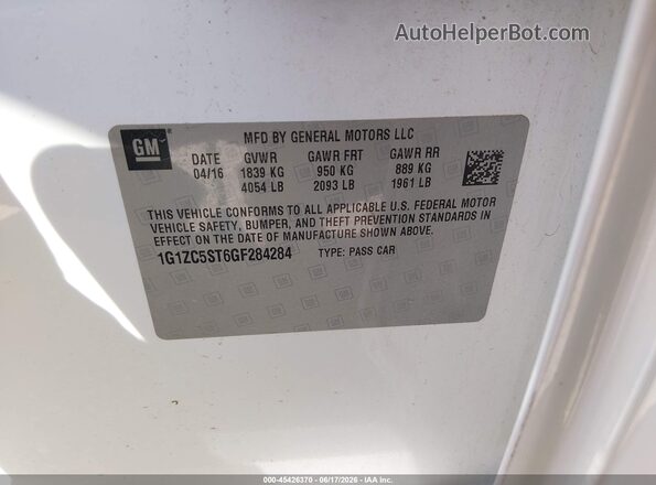 1G1ZC5ST6GF284284 2016 CHEVROLET MALIBU White Շարժիչի բաժամունքի տեսք