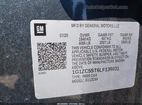 1G1ZC5ST6LF139031 2020 CHEVROLET MALIBU Black Engine compartment view