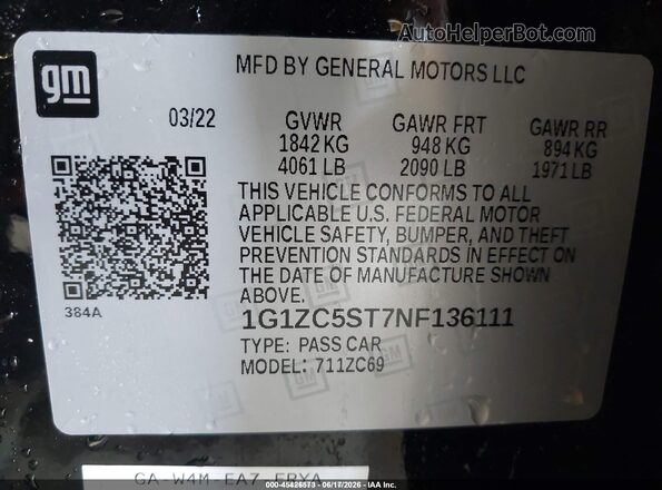 1G1ZC5ST7NF136111 2022 CHEVROLET MALIBU Black Widok komory silnika