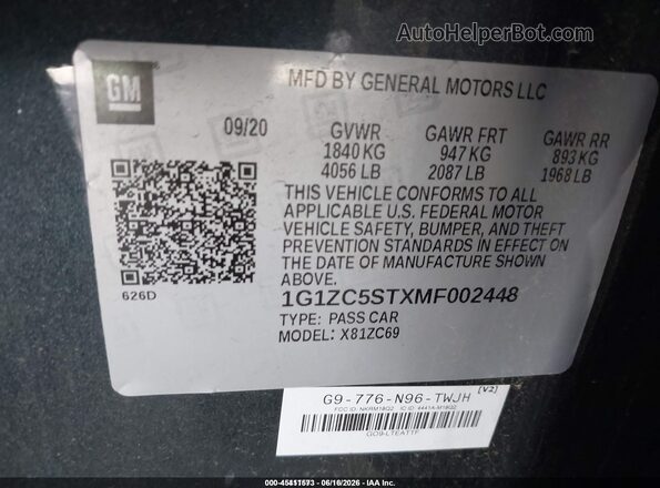 1G1ZC5STXMF002448 2021 CHEVROLET MALIBU Black Շարժիչի բաժամունքի տեսք