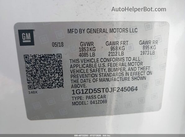 1G1ZD5ST0JF245064 2018 CHEVROLET MALIBU White Вид підкапотного простору