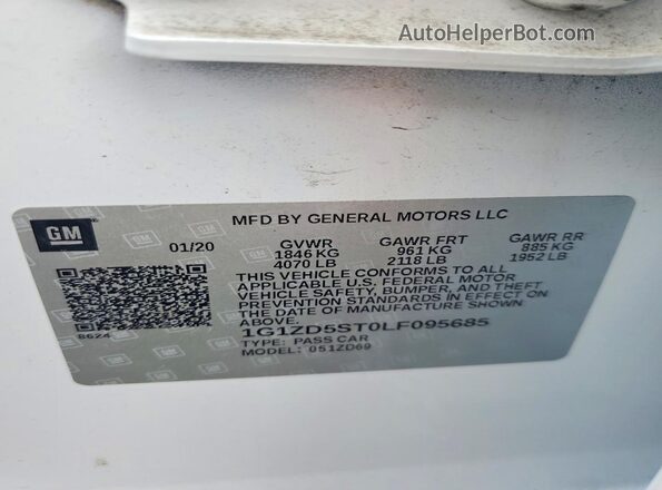 1G1ZD5ST0LF095685 2020 CHEVROLET MALIBU White VIN sticker view