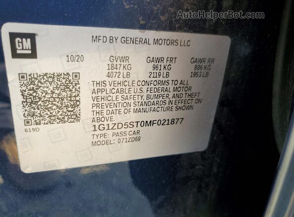 1G1ZD5ST0MF021877 2021 CHEVROLET MALIBU Blue Vista del compartimento del motor