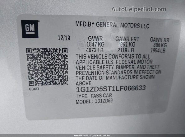 1G1ZD5ST1LF066633 2020 CHEVROLET MALIBU Silver Вид підкапотного простору