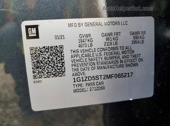 1G1ZD5ST2MF065217 2021 CHEVROLET MALIBU Charcoal Вид наклейки з VIN-кодом