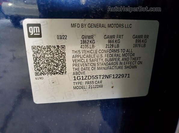 1G1ZD5ST2NF122971 2022 CHEVROLET MALIBU Blue Շարժիչի բաժամունքի տեսք