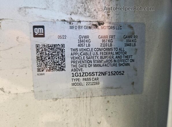 1G1ZD5ST2NF152052 2022 CHEVROLET MALIBU Silver VIN կոդի պիտակի տեսք