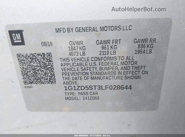 1G1ZD5ST3LF028644 2020 CHEVROLET MALIBU Silver ძრავის განყოფილების ხედი