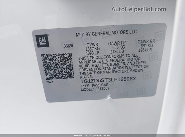 1G1ZD5ST3LF125083 2020 CHEVROLET MALIBU White Вид підкапотного простору