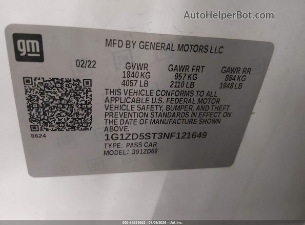 1G1ZD5ST3NF121649 2022 CHEVROLET MALIBU White Widok komory silnika