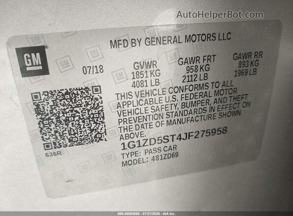 1G1ZD5ST4JF275958 2018 CHEVROLET MALIBU Silver ძრავის განყოფილების ხედი