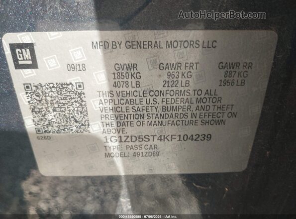 1G1ZD5ST4KF104239 2019 CHEVROLET MALIBU Blue ძრავის განყოფილების ხედი