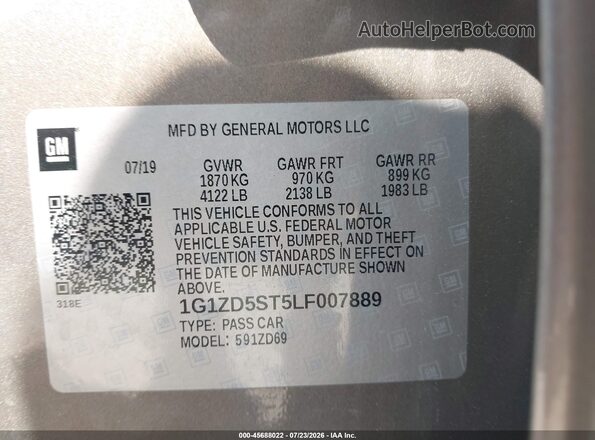 1G1ZD5ST5LF007889 2020 CHEVROLET MALIBU Gray ძრავის განყოფილების ხედი