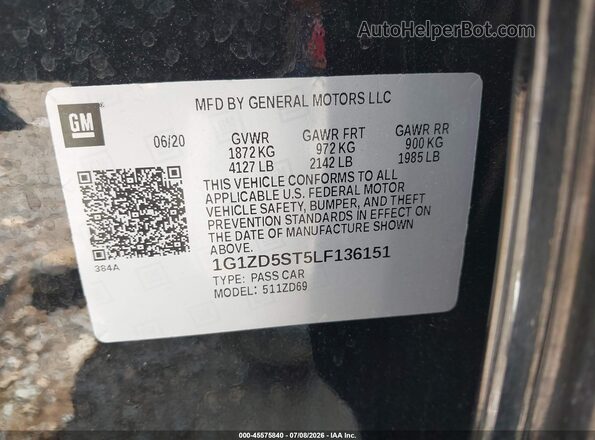 1G1ZD5ST5LF136151 2020 CHEVROLET MALIBU Black Engine compartment view