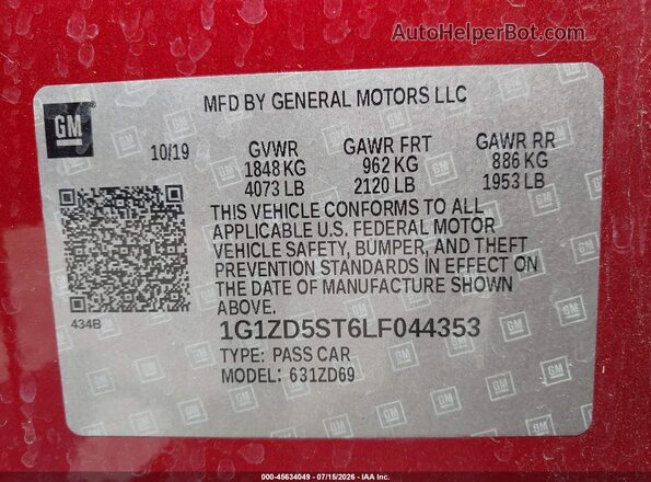 1G1ZD5ST6LF044353 2020 CHEVROLET MALIBU Red Widok komory silnika