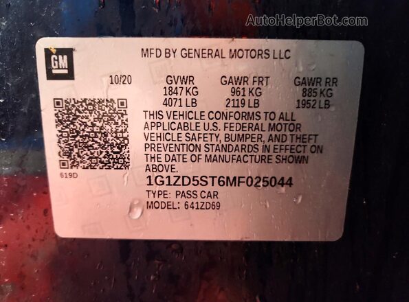 1G1ZD5ST6MF025044 2021 CHEVROLET MALIBU Blue VIN կոդի պիտակի տեսք