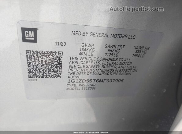 1G1ZD5ST6MF037906 2021 CHEVROLET MALIBU Silver Engine compartment view