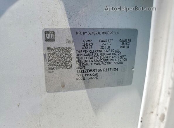 1G1ZD5ST6NF117434 2022 CHEVROLET MALIBU Белый Вид наклейки с VIN-кодом