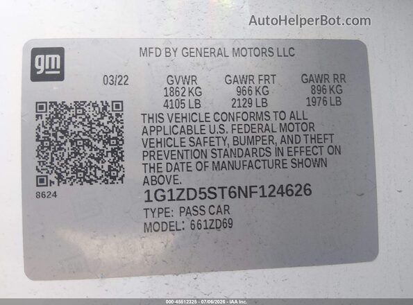 1G1ZD5ST6NF124626 2022 CHEVROLET MALIBU Белый Вид подкапотного пространства