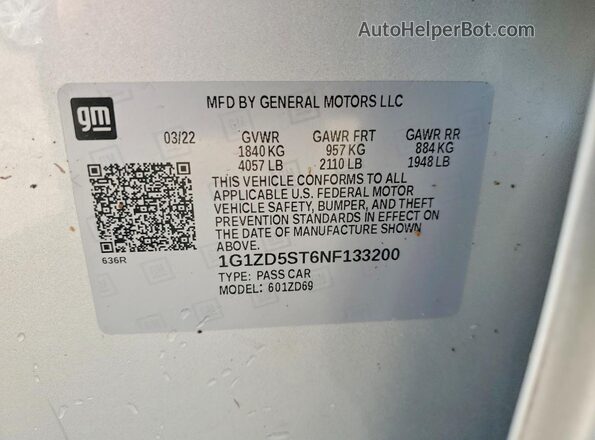 1G1ZD5ST6NF133200 2022 CHEVROLET MALIBU Silver Вид наклейки з VIN-кодом