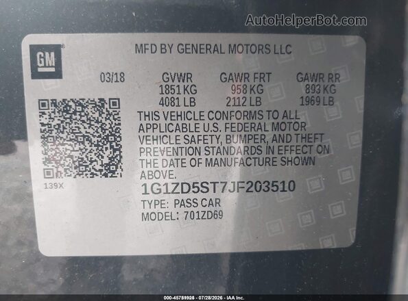 1G1ZD5ST7JF203510 2018 CHEVROLET MALIBU Black ძრავის განყოფილების ხედი