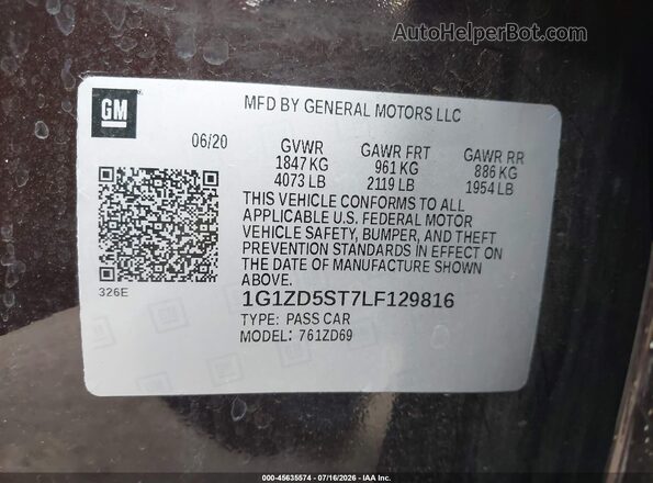 1G1ZD5ST7LF129816 2020 CHEVROLET MALIBU Maroon Vista del compartimento del motor