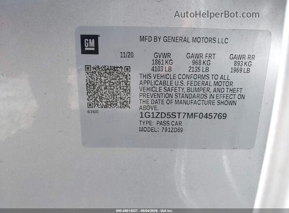 1G1ZD5ST7MF045769 2021 CHEVROLET MALIBU Silver Շարժիչի բաժամունքի տեսք