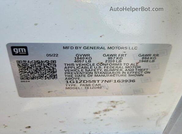 1G1ZD5ST7NF163936 2022 CHEVROLET MALIBU White Vista de la etiqueta del VIN