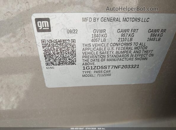 1G1ZD5ST7NF203321 2022 CHEVROLET MALIBU Champagne Widok komory silnika