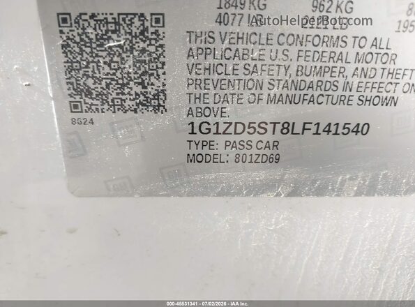 1G1ZD5ST8LF141540 2020 CHEVROLET MALIBU White Vista del compartimento del motor