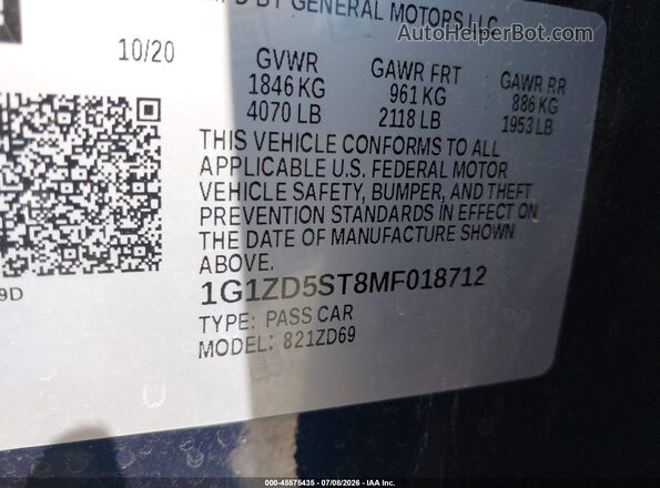 1G1ZD5ST8MF018712 2021 CHEVROLET MALIBU Blue Vista del compartimento del motor
