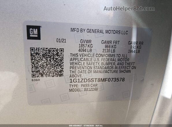 1G1ZD5ST8MF073578 2021 CHEVROLET MALIBU Серебряный Вид подкапотного пространства