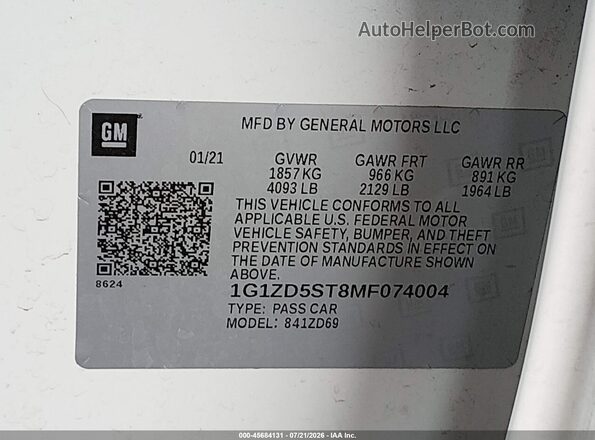 1G1ZD5ST8MF074004 2021 CHEVROLET MALIBU White Engine compartment view