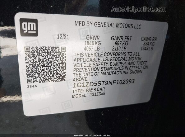 1G1ZD5ST9NF102393 2022 CHEVROLET MALIBU Black Engine compartment view