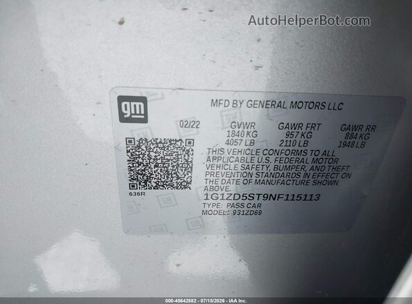 1G1ZD5ST9NF115113 2022 CHEVROLET MALIBU Silver Вид підкапотного простору