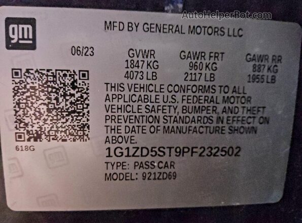 1G1ZD5ST9PF232502 2023 CHEVROLET MALIBU Серый Вид наклейки с VIN-кодом