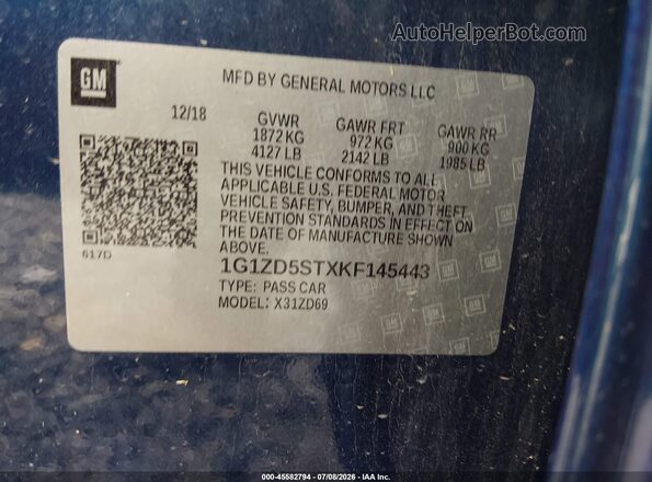 1G1ZD5STXKF145443 2019 CHEVROLET MALIBU Blue Вид підкапотного простору