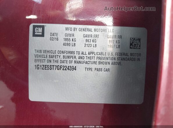 1G1ZE5ST7GF224394 2016 CHEVROLET MALIBU Burgundy Vista del compartimento del motor