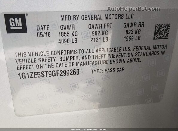 1G1ZE5ST9GF299260 2016 CHEVROLET MALIBU Silver Engine compartment view