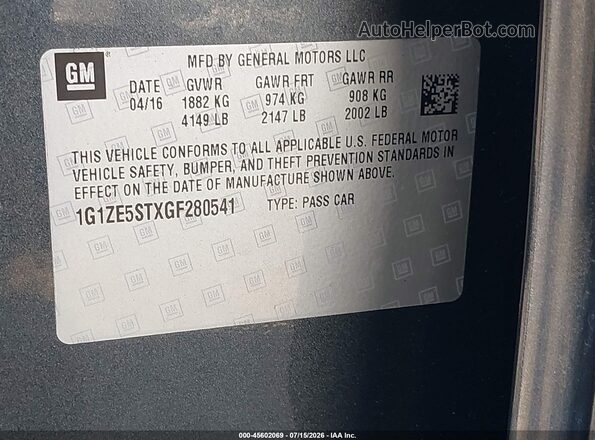1G1ZE5STXGF280541 2016 CHEVROLET MALIBU Gray ძრავის განყოფილების ხედი